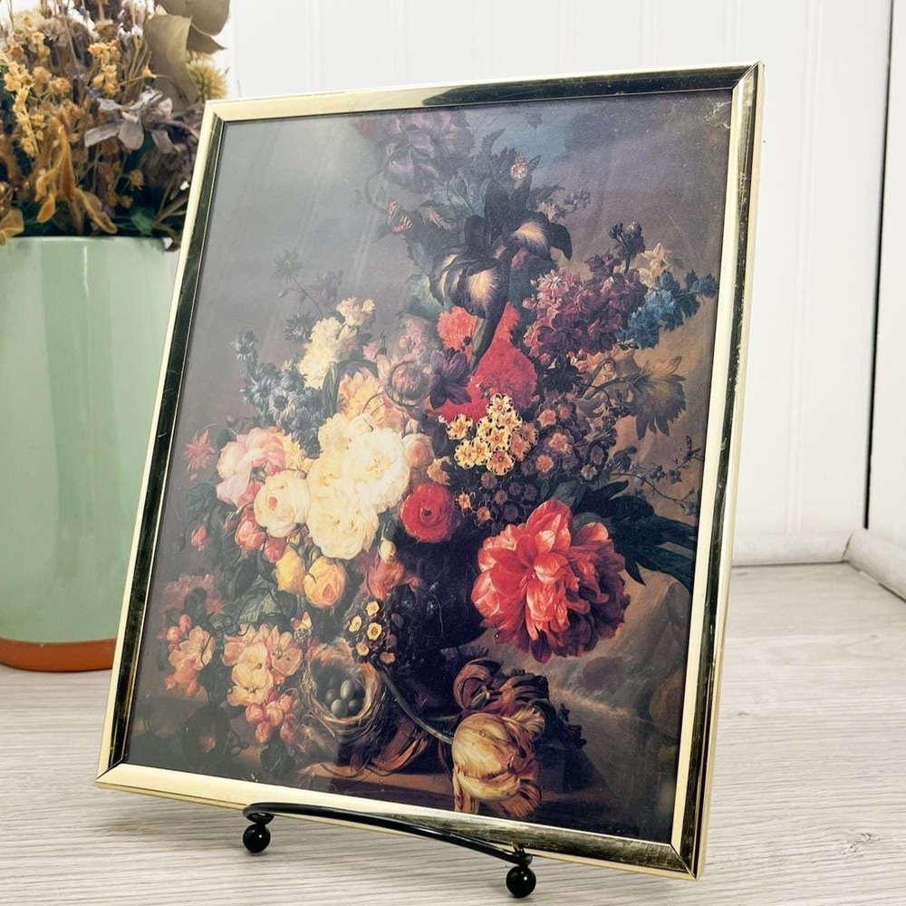 Vintage Floral Still Life Print in Thin Gold Frame - 1990s Reproduction (8x10)